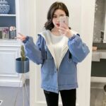 Women's Winter Velvet Denim Jacket with Embroidery and Hood