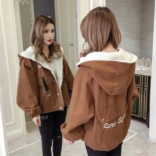 Women's Winter Velvet Denim Jacket with Embroidery and Hood - Image 4
