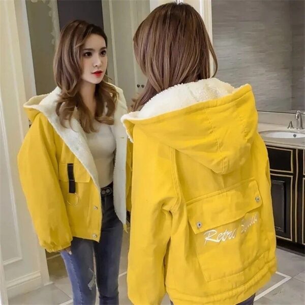 Women's Winter Velvet Denim Jacket with Embroidery and Hood - Image 5