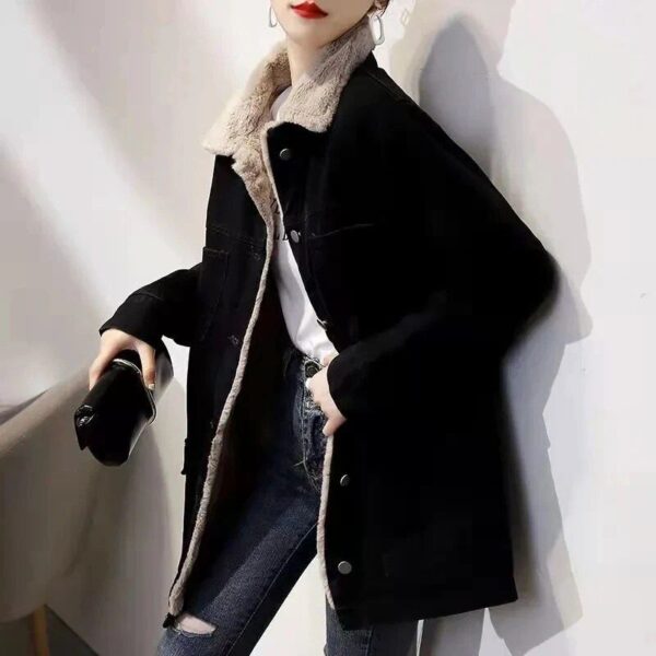 Women's Mid Length Winter Fleece Denim Coat - Image 2