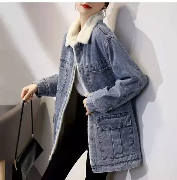Women's Mid Length Winter Fleece Denim Coat
