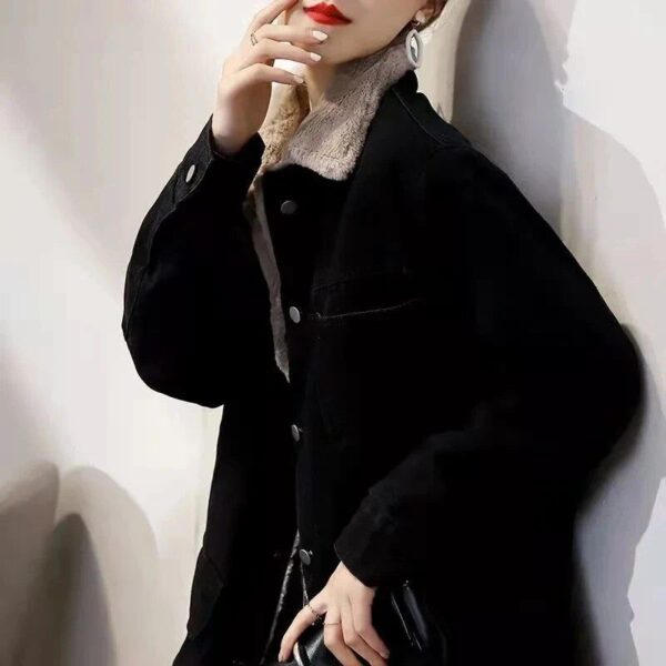 Women's Mid Length Winter Fleece Denim Coat - Image 3
