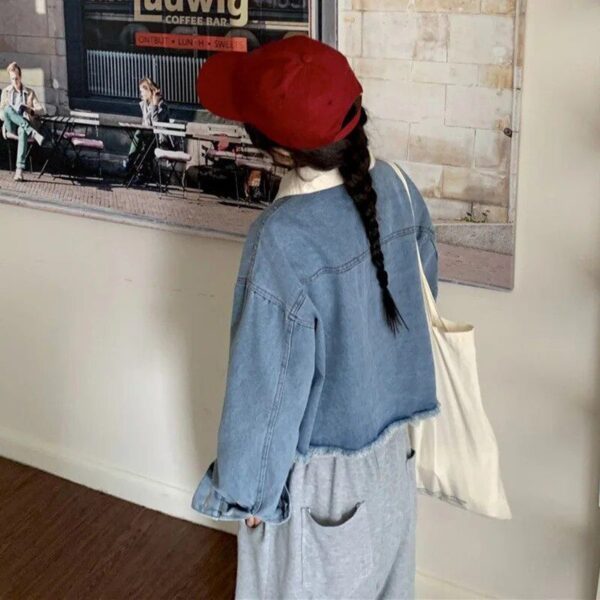 Korean Vintage Spliced Denim Jacket - Women's Loose Fit Short Coat with Long Sleeves - Image 6