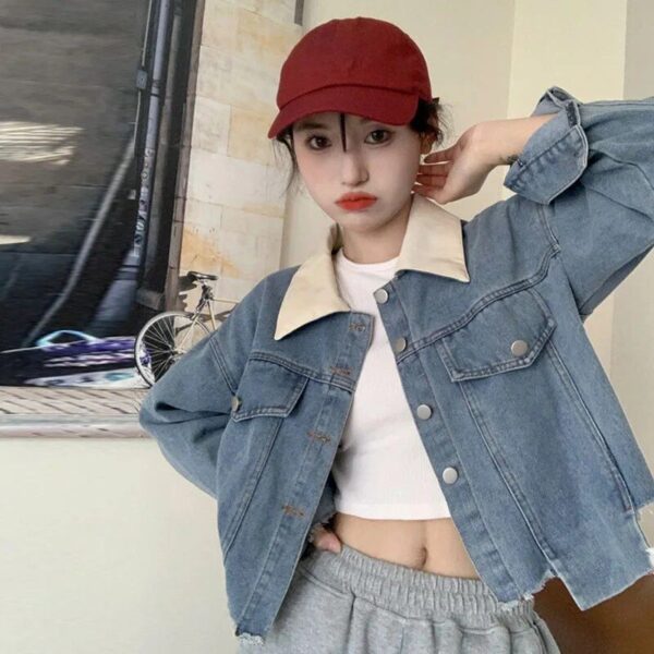 Korean Vintage Spliced Denim Jacket - Women's Loose Fit Short Coat with Long Sleeves - Image 4