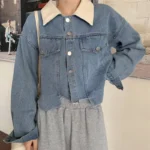Korean Vintage Spliced Denim Jacket - Women's Loose Fit Short Coat with Long Sleeves