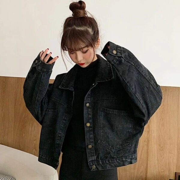Women's Black Cropped Denim Jacket - Korean Streetwear with Pockets - Image 5