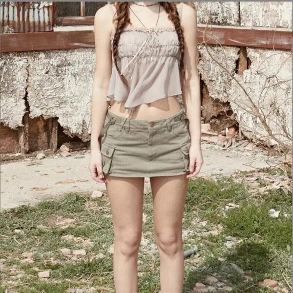 Chic Low Waist Cargo Denim Skirt Shorts with Belt - Image 5