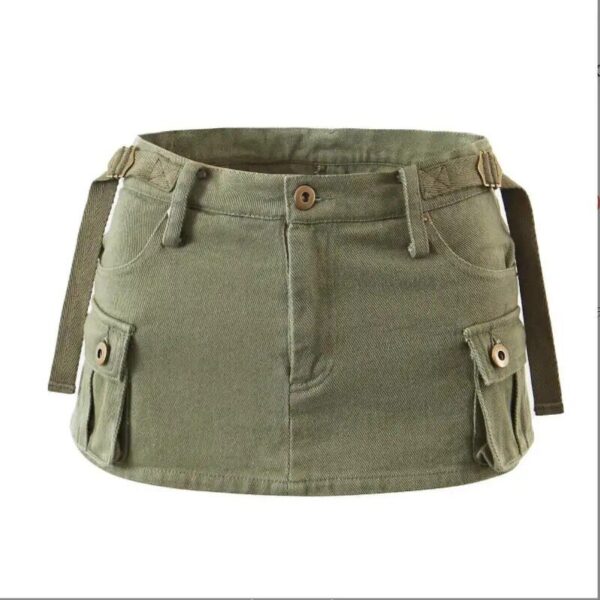 Chic Low Waist Cargo Denim Skirt Shorts with Belt - Image 2