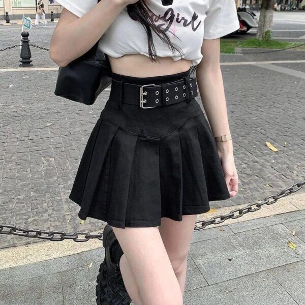 High Waist Pleated Mini Skirt - Y2K Aesthetic Streetwear with Belt - Image 3