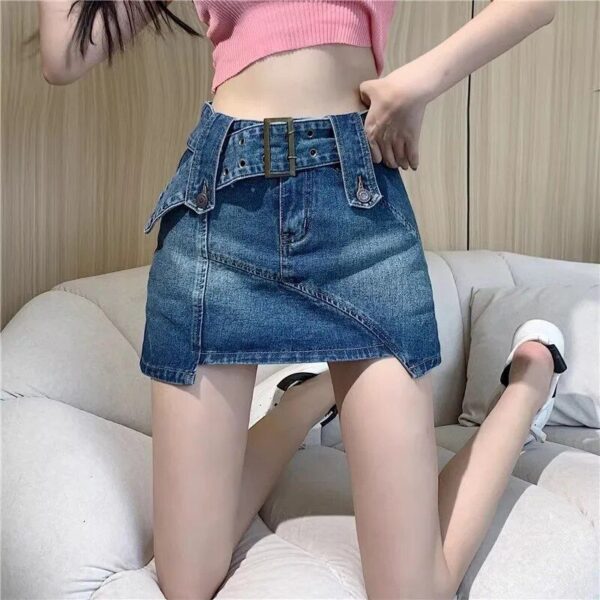 Women's Slim Fit Vintage Denim Mini Skirt with Belt - Image 3