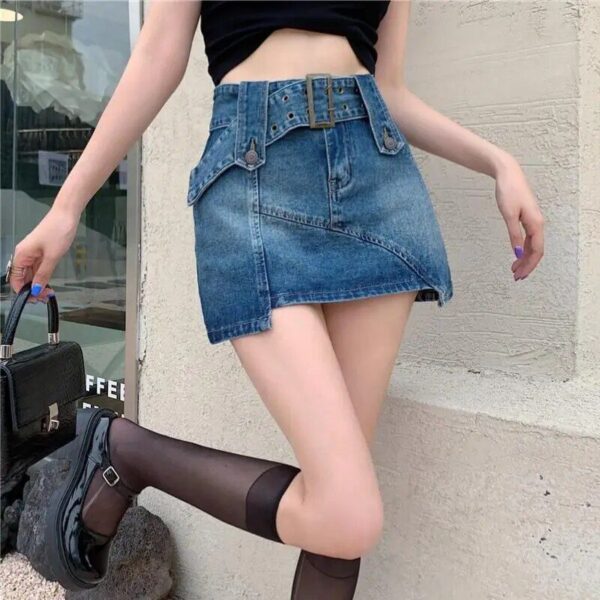 Women's Slim Fit Vintage Denim Mini Skirt with Belt - Image 2