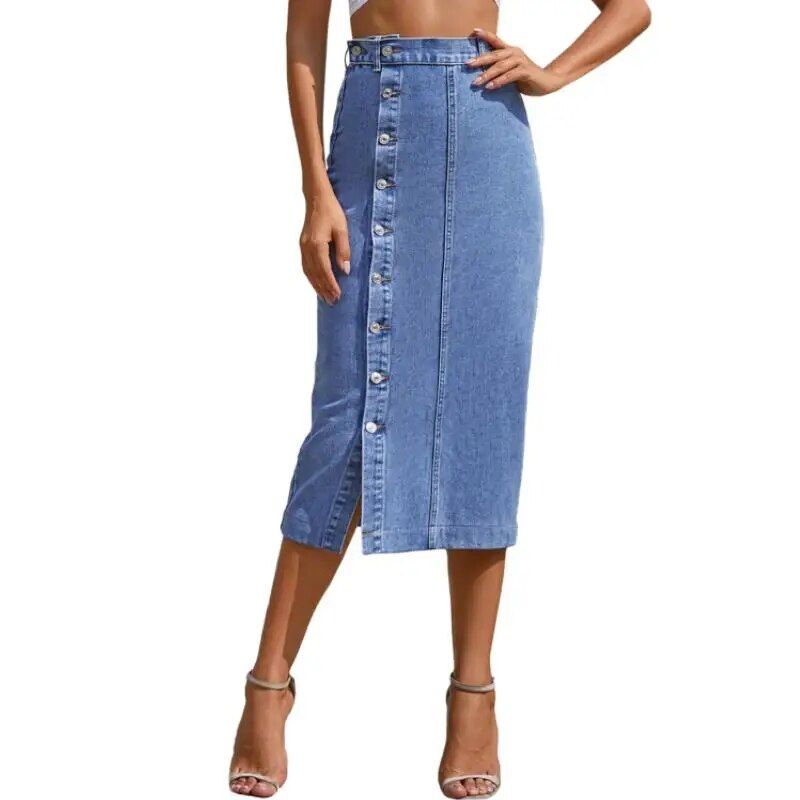 High Waist Denim Maxi Skirt - Vintage-Inspired Longline Jean Skirt with Split - Image 4
