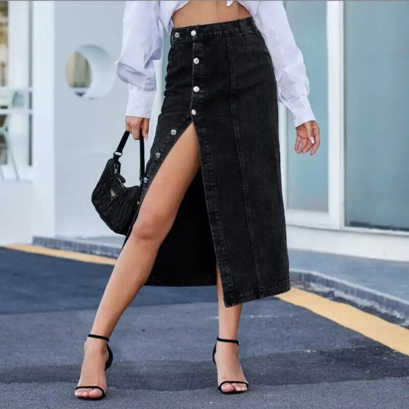 High Waist Denim Maxi Skirt - Vintage-Inspired Longline Jean Skirt with Split - Image 3