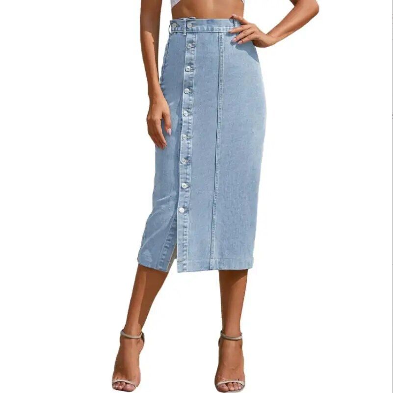 High Waist Denim Maxi Skirt - Vintage-Inspired Longline Jean Skirt with Split - Image 5