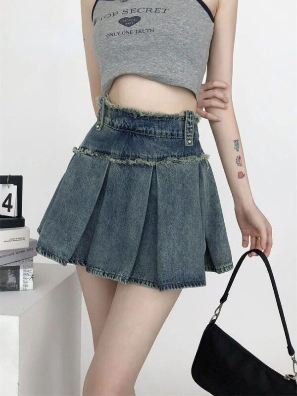 High Waist Denim Pleated Mini Skirt | Vintage A-Line Streetwear - Image 3