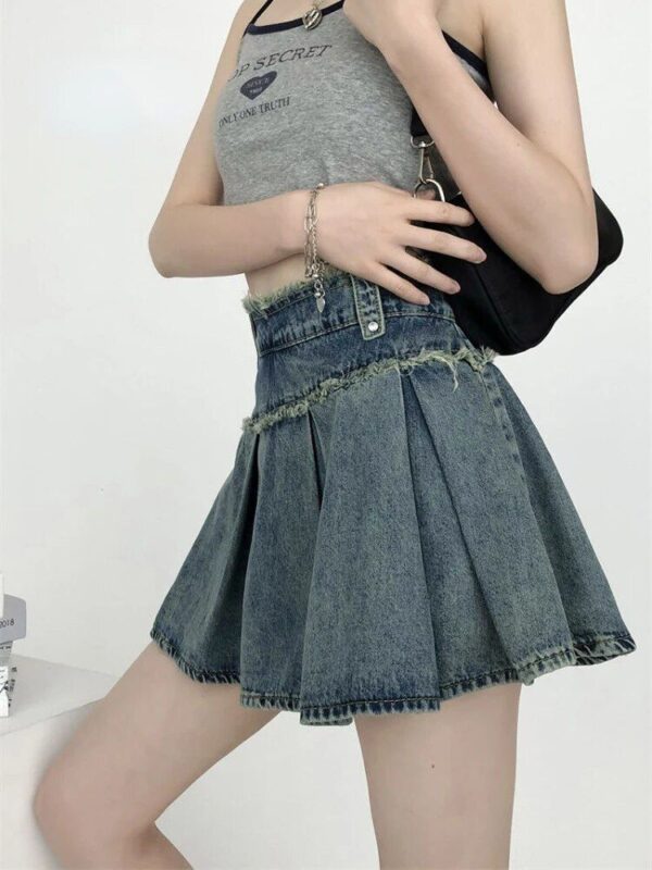 High Waist Denim Pleated Mini Skirt | Vintage A-Line Streetwear - Image 4
