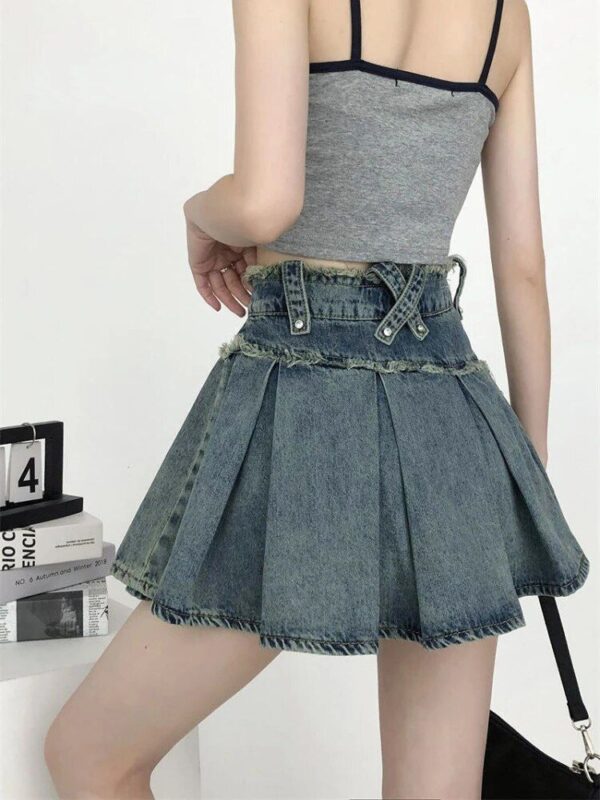 High Waist Denim Pleated Mini Skirt | Vintage A-Line Streetwear - Image 7