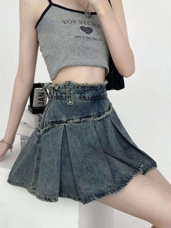 High Waist Denim Pleated Mini Skirt | Vintage A-Line Streetwear - Image 5