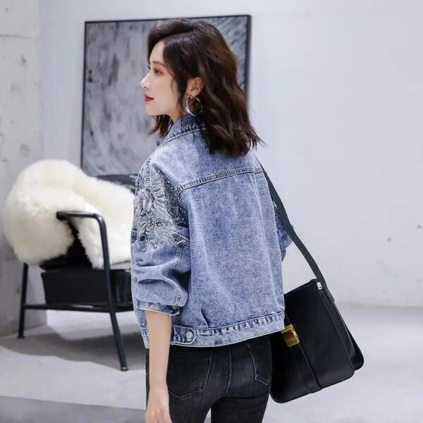 Chic Embroidered Denim Biker Jacket - Women's Casual Autumn Cardigan - Image 6
