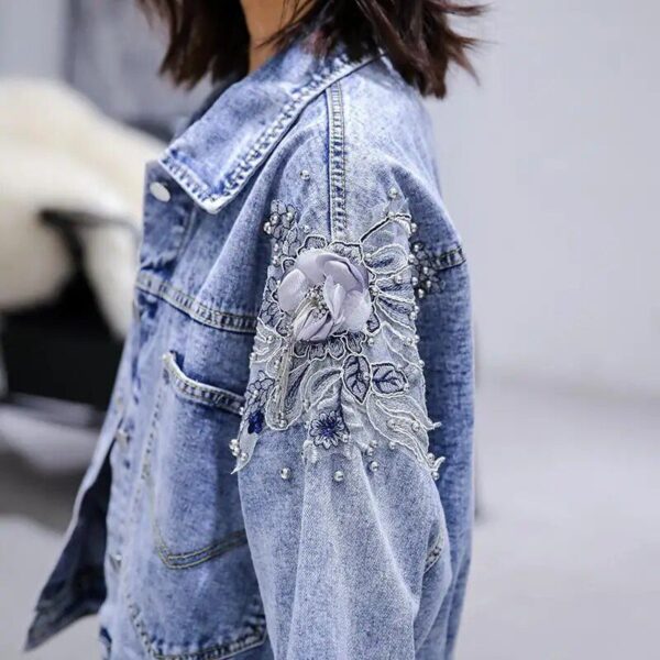 Chic Embroidered Denim Biker Jacket - Women's Casual Autumn Cardigan - Image 7