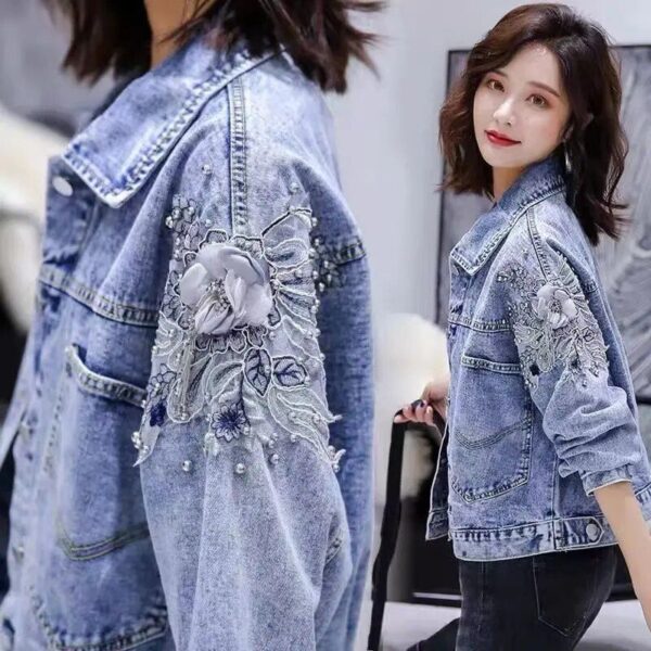 Chic Embroidered Denim Biker Jacket - Women's Casual Autumn Cardigan - Image 2