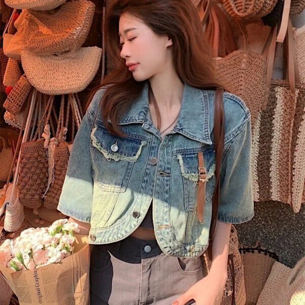 Summer 2023 Vintage-Inspired Denim Jacket - Short, Loose-Fit with Chic Rough Edges - Image 3