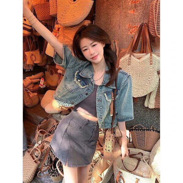 Summer 2023 Vintage-Inspired Denim Jacket - Short, Loose-Fit with Chic Rough Edges - Image 2