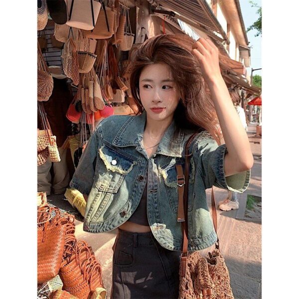 Summer 2023 Vintage-Inspired Denim Jacket - Short, Loose-Fit with Chic Rough Edges - Image 6