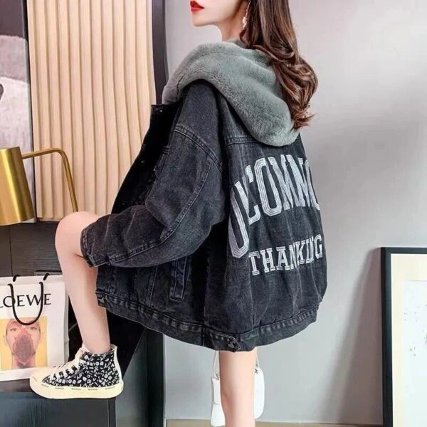 Women's Hooded Denim Jacket - Winter Patchwork Thick Velvet Plus Size Coat - Image 2