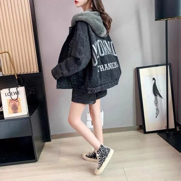Women's Hooded Denim Jacket - Winter Patchwork Thick Velvet Plus Size Coat - Image 4