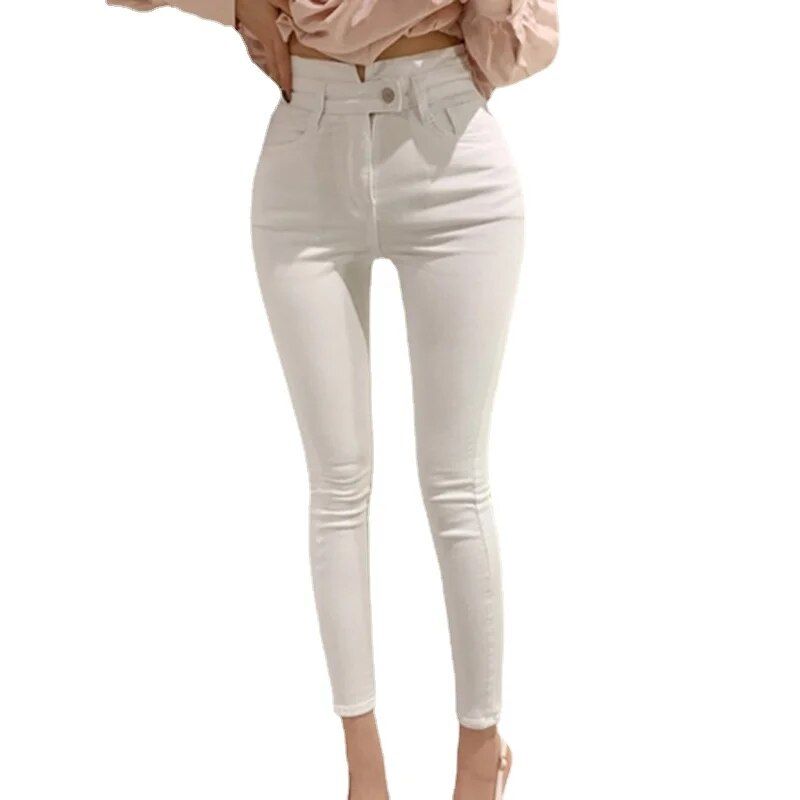 High Waist Skinny White Denim Pencil Jeans - Vintage Stretch - Image 4